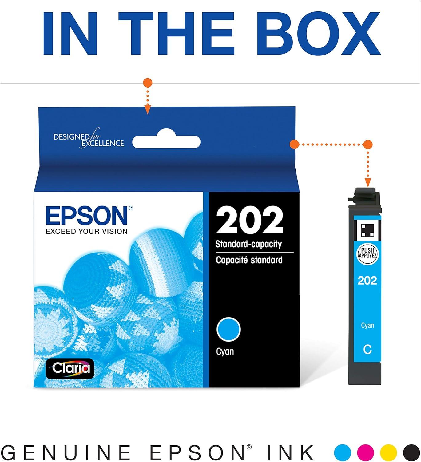 imageEPSON 202 Claria Ink Standard Capacity Cyan Cartridge T202220S Works with WorkForce WF2860 Expression XP5100Cyan