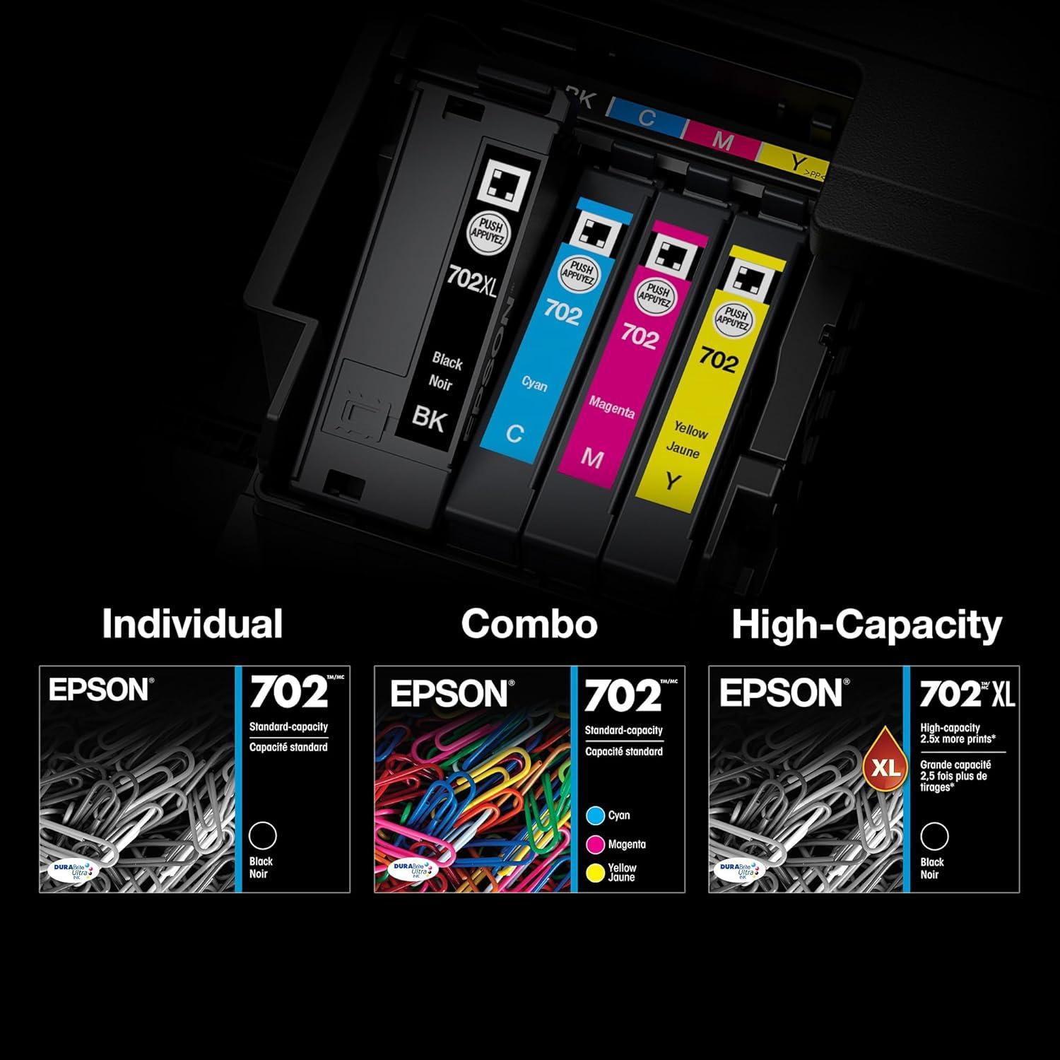 imageEPSON 702 DURABrite Ultra Ink High Capacity Black Cartridge T702XL120S Works with WorkForce Pro WF3720 WF3730 WF3733Black and color combo pack