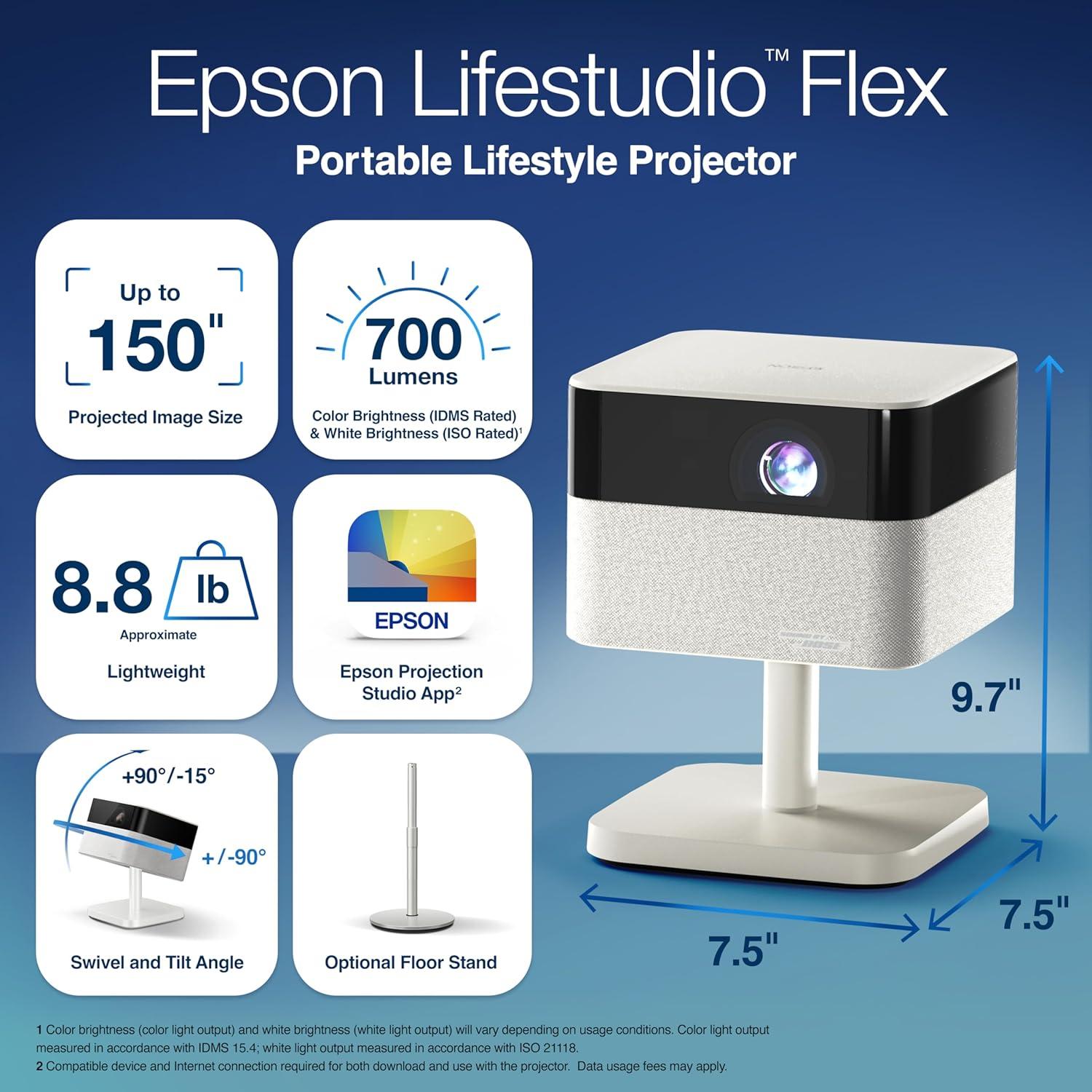 imageEpson Lifestudio Flex Full HD Portable Lifestyle Projector 700 Lumens of Color and White Brightness Sound by Bose Epson Projection Studio App Stand Google TV 3Chip 3LCD Triple Core Engine