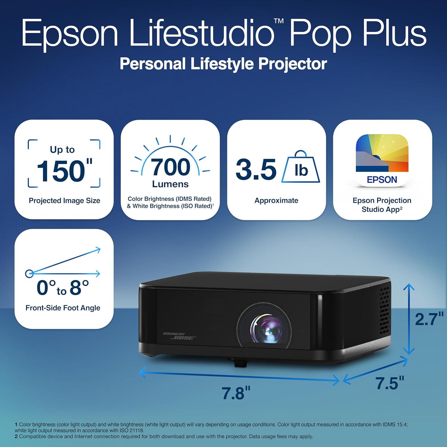 imageEpson Lifestudio Pop Plus 4K PROUHD Personal Lifestyle Projector 700 Lumens of Color and White Brightness Sound by Bose Google TV 3Chip 3LCD Triple Core Engine Projection Studio App Black