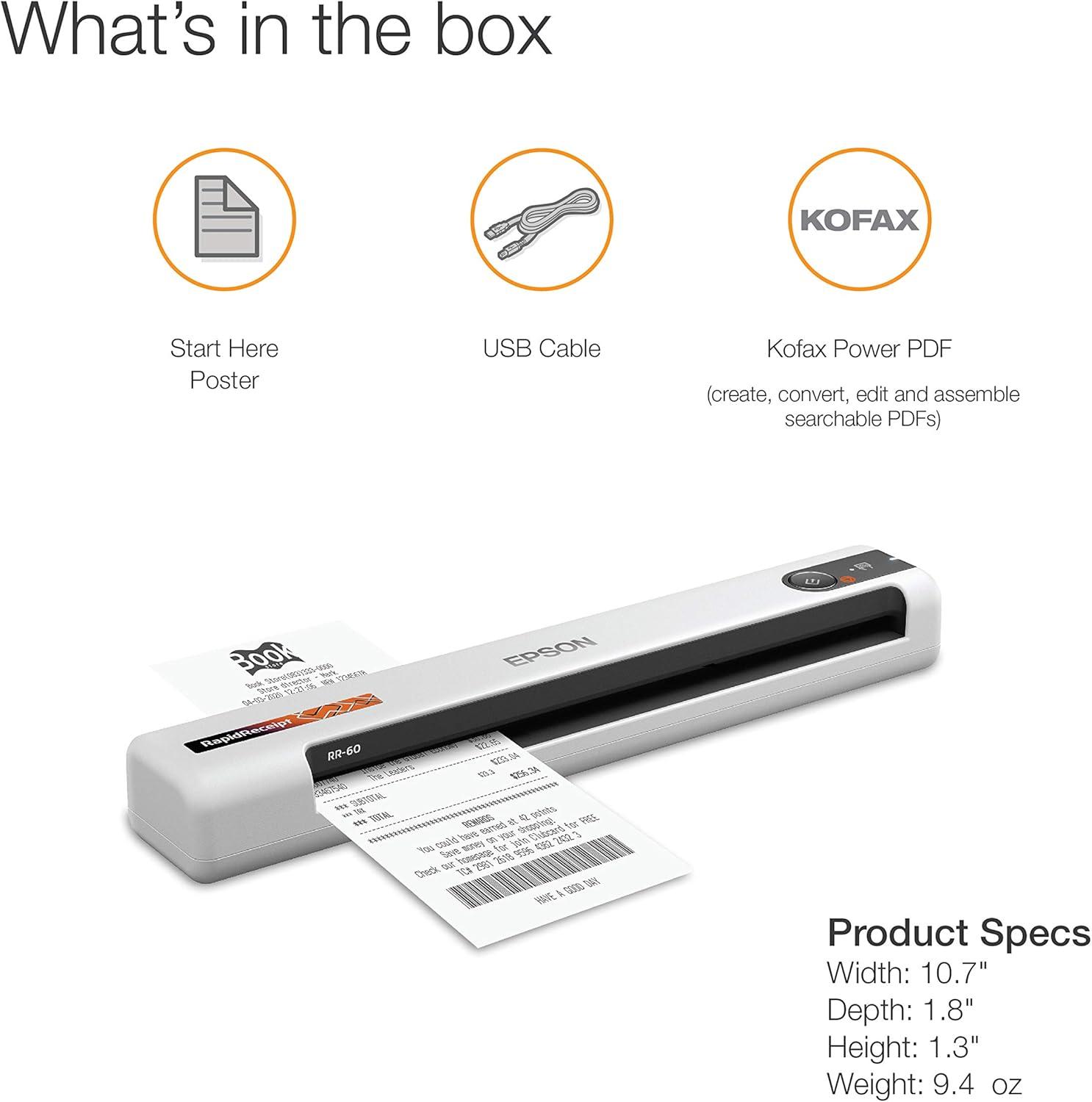 imageEpson RapidReceipt RR60 Mobile Color Receipt ampamp Document Scanner with ScanSmart AI PRO Receipt Management ampamp PDF Software for PC ampamp MacRR60 New