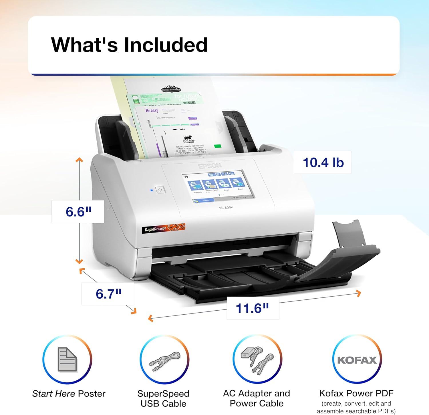 imageEpson RapidReceipt RR600W Wireless Desktop Color 2Sided Receipt ampamp Document Scanner with ScanSmart AI PRO Receipt Management ampamp PDF Software for PC ampamp Mac Touchscreen ampamp 100Page Auto Document Feeder