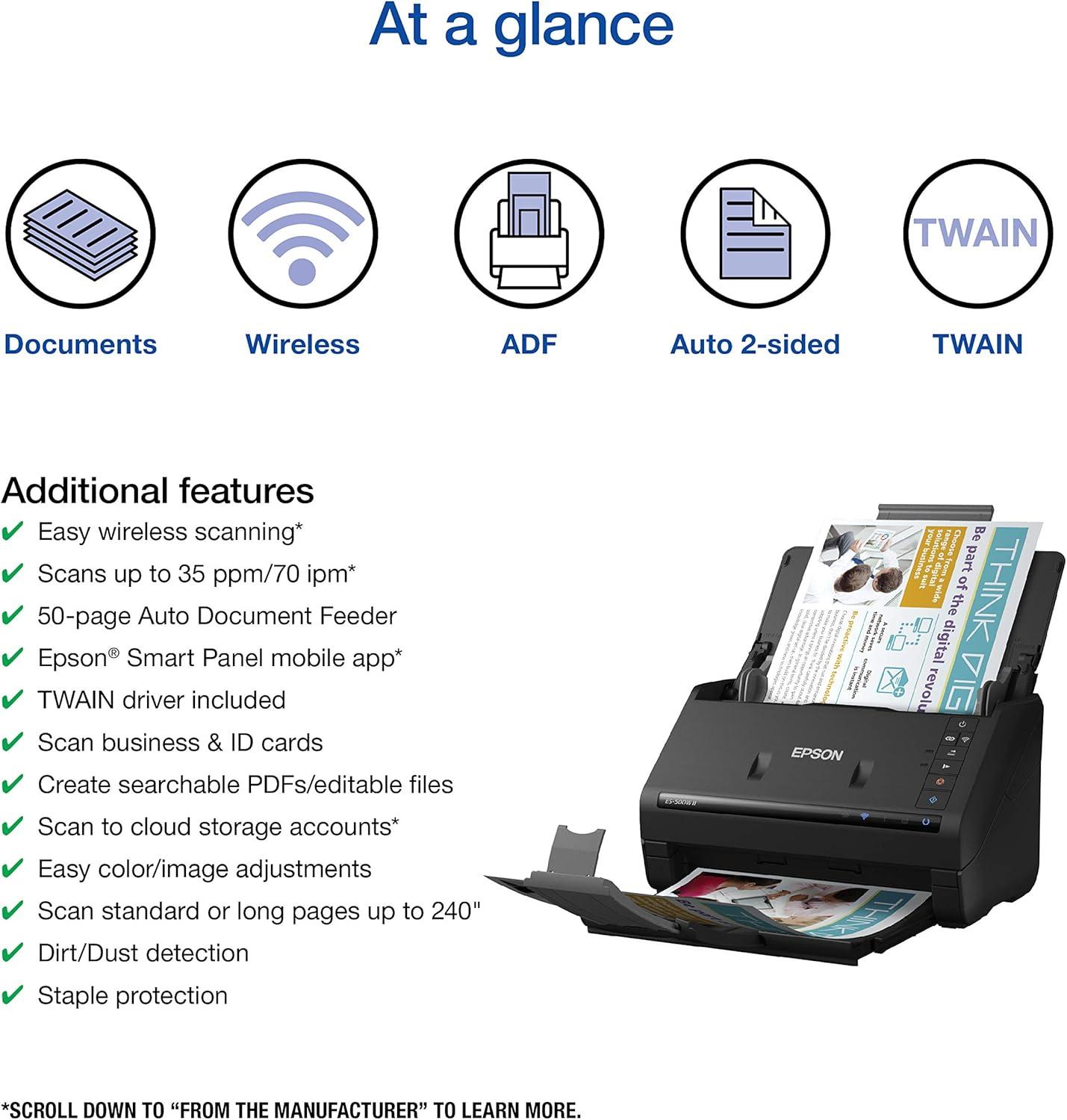 imageEpson Workforce ES500W II Wireless Color Duplex Desktop Document Scanner for PC and Mac with Auto Document Feeder ADF and Scan from Smartphone or Tablet RenewedES500W II  Renewed