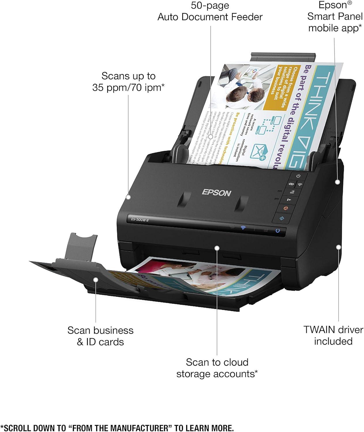 imageEpson Workforce ES500W II Wireless Color Duplex Desktop Document Scanner for PC and Mac with Auto Document Feeder ADF and Scan from Smartphone or Tablet RenewedES500W II  Renewed