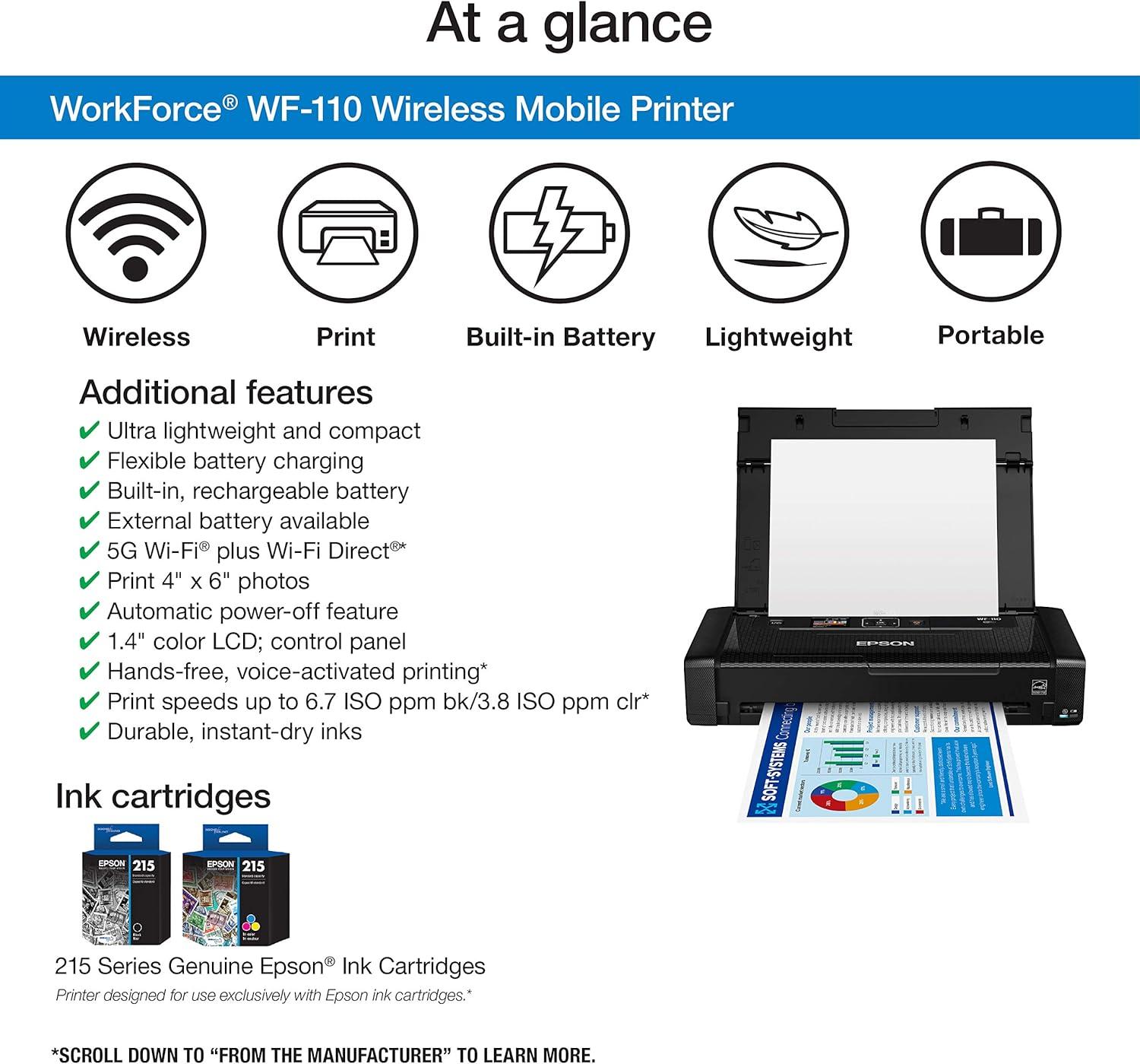 imageEpson Workforce WF110 Wireless Color Mobile Printer Black SmallPrinter