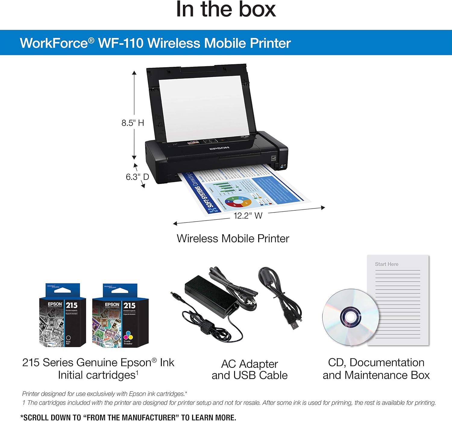 imageEpson Workforce WF110 Wireless Color Mobile Printer Black SmallPrinter