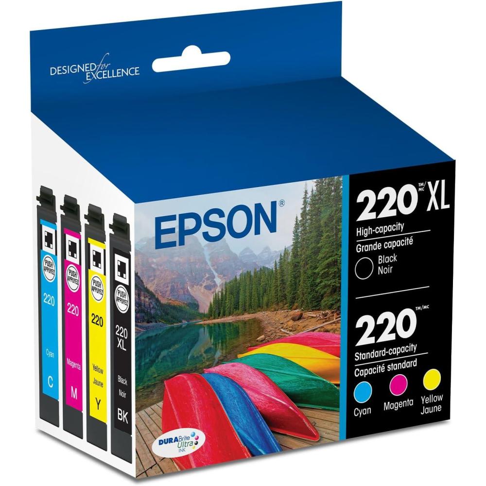 imageEPSON 220 DURABrite Ultra Ink High Capacity Black ampamp Standard Color Cartridge Combo Pack Works with WorkForce WF2630 WF2650 WF2660 WF2750 WF2760 Expression XP320 XP420 XP424Ink  4 Color