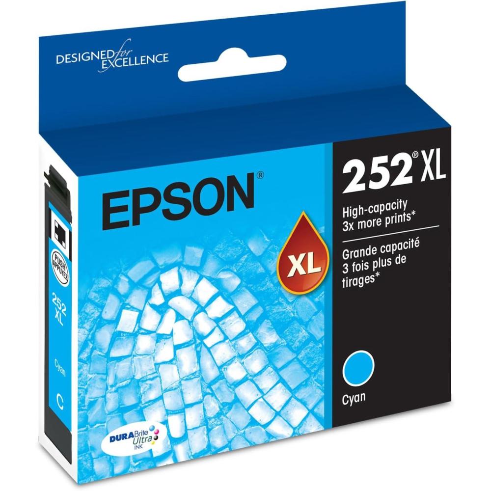 imageEPSON 252 DURABrite Ultra Ink High Capacity Cyan Cartridge T252XL220S Works with WorkForce WF3620 WF3640 WF7110 WF7610 WF7620 WF7710 WF7720 WF7210