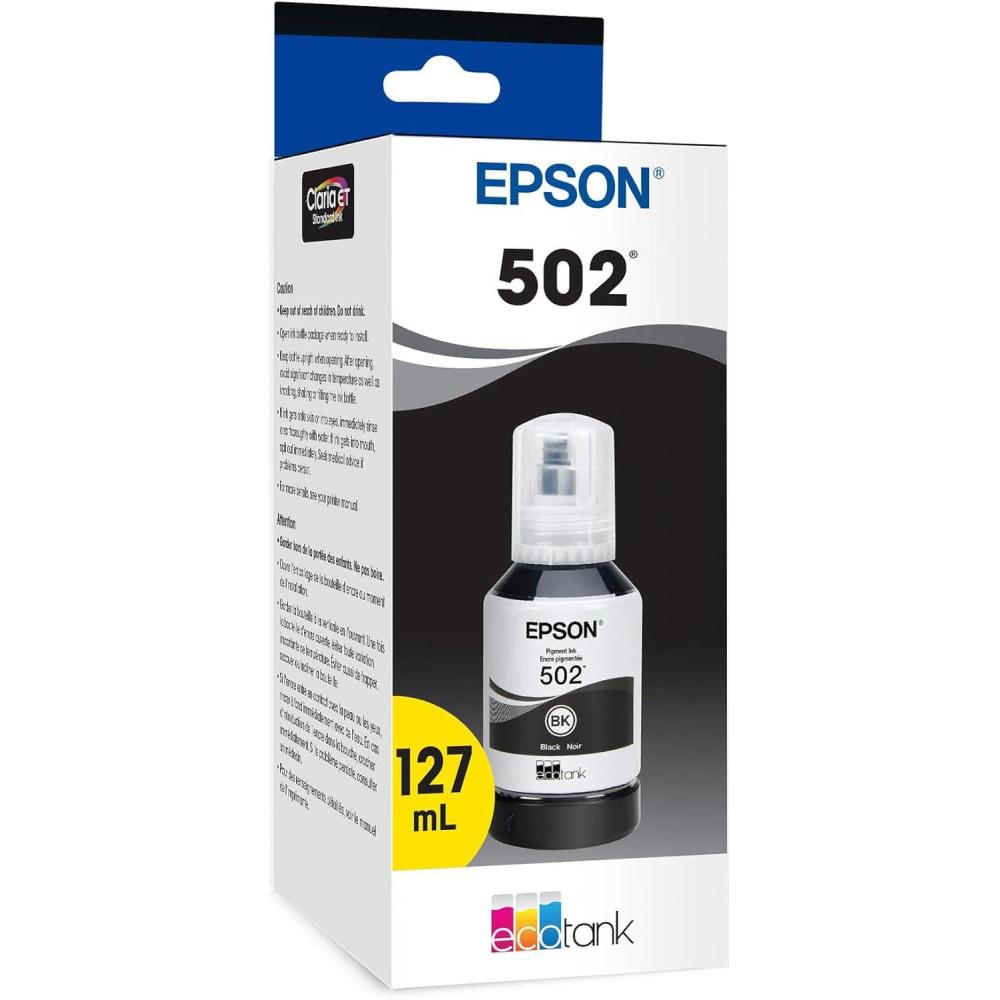 imageEPSON 502 EcoTank Ink Ultrahigh Capacity Bottle Black Works with ET2750 ET2760 ET2850 ET3750 ET3760 ET3850 ET4850 and other select EcoTank models