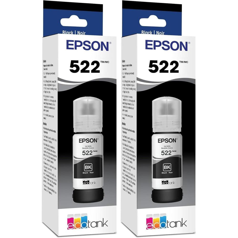 imageEPSON 522 EcoTank Ink Ultrahigh Capacity Bottle Black T522120S Works with EcoTank ET2720 ET2800 ET2803 ET2840 ET4700 ET4800 ET4810Ultrahigh Capacity Pack of 2