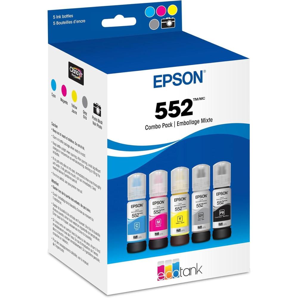 imageEPSON 552 EcoTank Ink Ultrahigh Capacity Bottle Five Color Combo Pack T552920S Works with EcoTank Photo ET8500 ET8550Ink