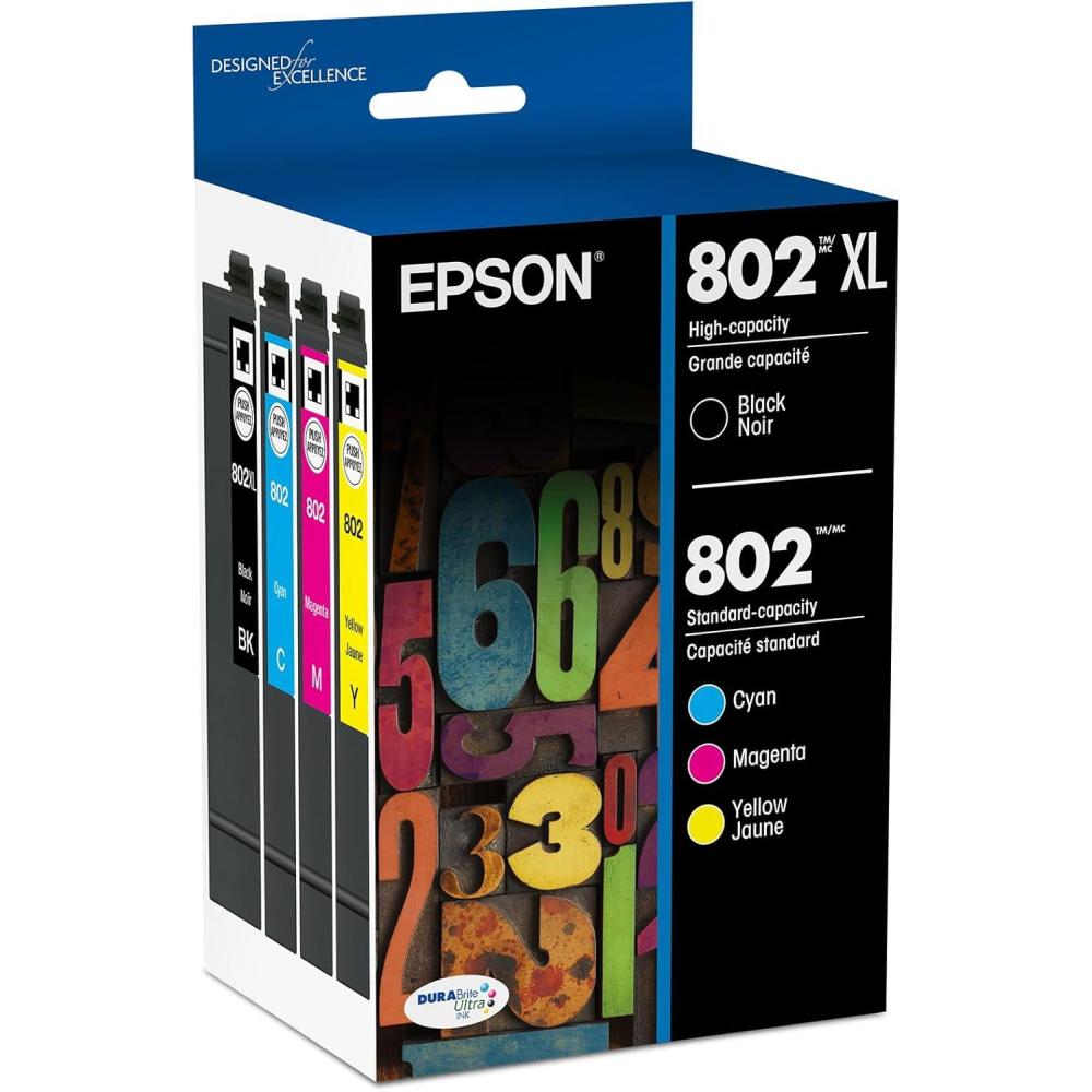 imageEPSON 802 DURABrite Ultra Ink High Capacity Cyan Cartridge T802XL220S Works with WorkForce Pro WF4720 WF4730 WF4734 WF4740Black and color combo pack