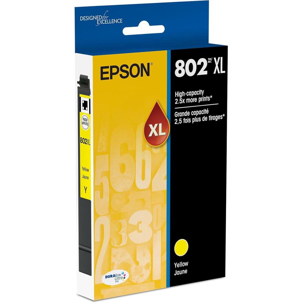 imageEPSON 802 DURABrite Ultra Ink High Capacity Cyan Cartridge T802XL220S Works with WorkForce Pro WF4720 WF4730 WF4734 WF4740Yellow