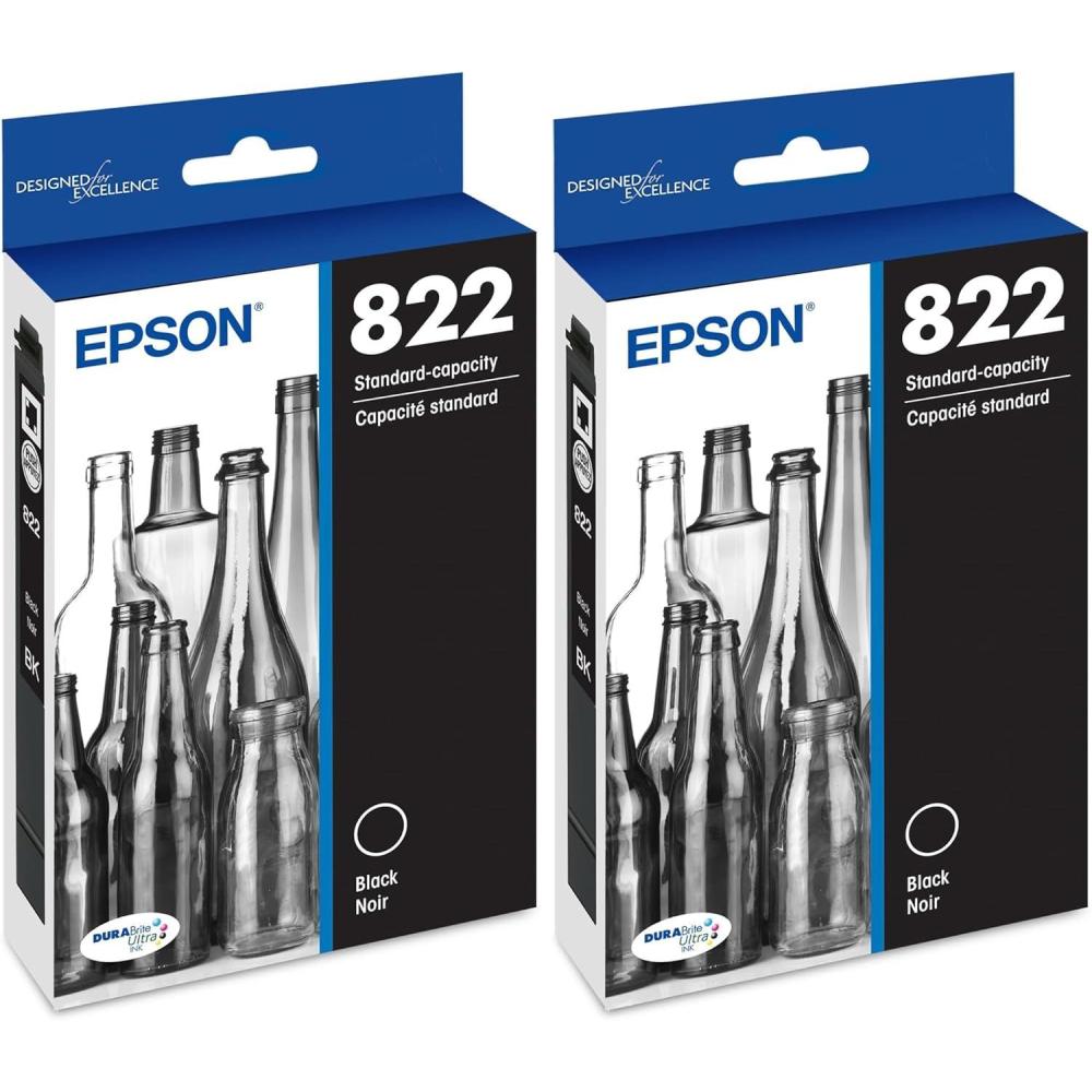 imageEPSON 822 DURABrite Ultra Ink Standard Capacity Black Cartridge T822120S Works with WorkForce Pro WF3820 WF3823 WF4820 WF4830 WF4833 WF48341 Count Pack of 2