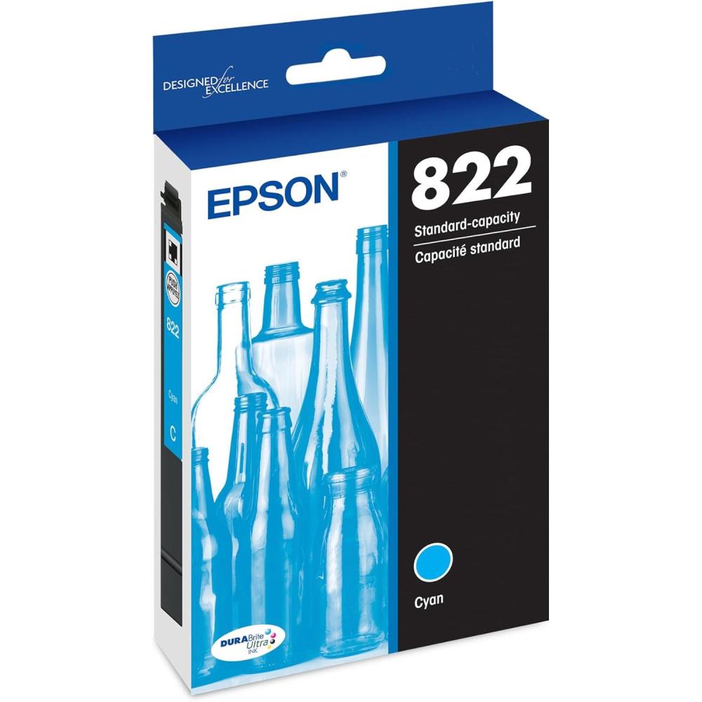 imageEPSON 822 DURABrite Ultra Ink Standard Capacity Cyan Cartridge T822220S Works with WorkForce Pro WF3820 WF3823 WF4820 WF4830 WF4833 WF48341 Count Pack of 1