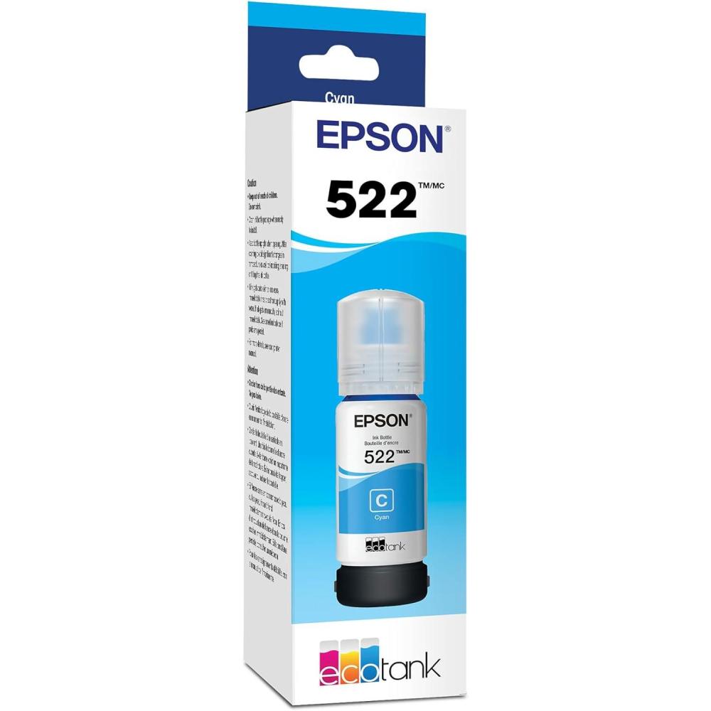 imageEpson 522 EcoTank Ink Ultrahigh Capacity Bottle Cyan T522220S Works with EcoTank ET2400 ET2720 ET2800 ET2803 ET2840 ET4700 ET4800 ET4810