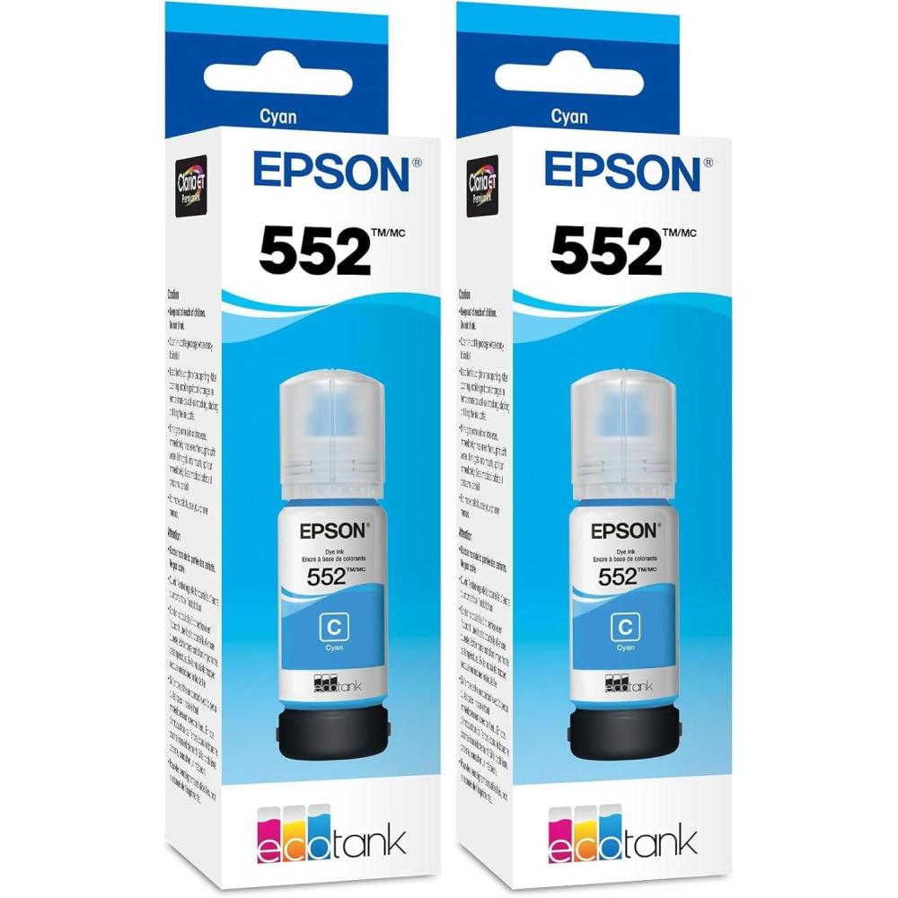 imageEpson 552 EcoTank Ink Ultrahigh Capacity Bottle Cyan T552220S Works with EcoTank Photo ET8500 ET85501 Count Pack of 2