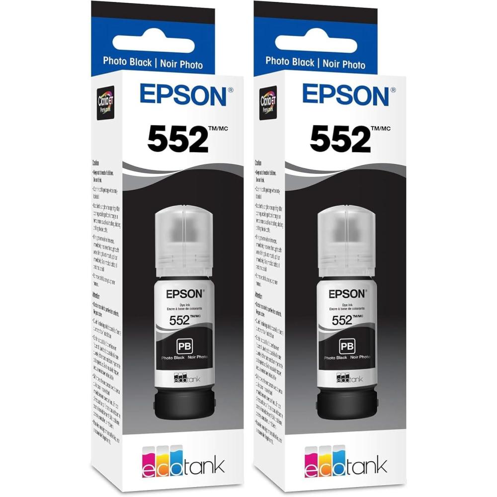 imageEpson 552 EcoTank Ink Ultrahigh Capacity Bottle Photo Black T552120S Works with EcoTank Photo ET8500 ET85501 Count Pack of 2