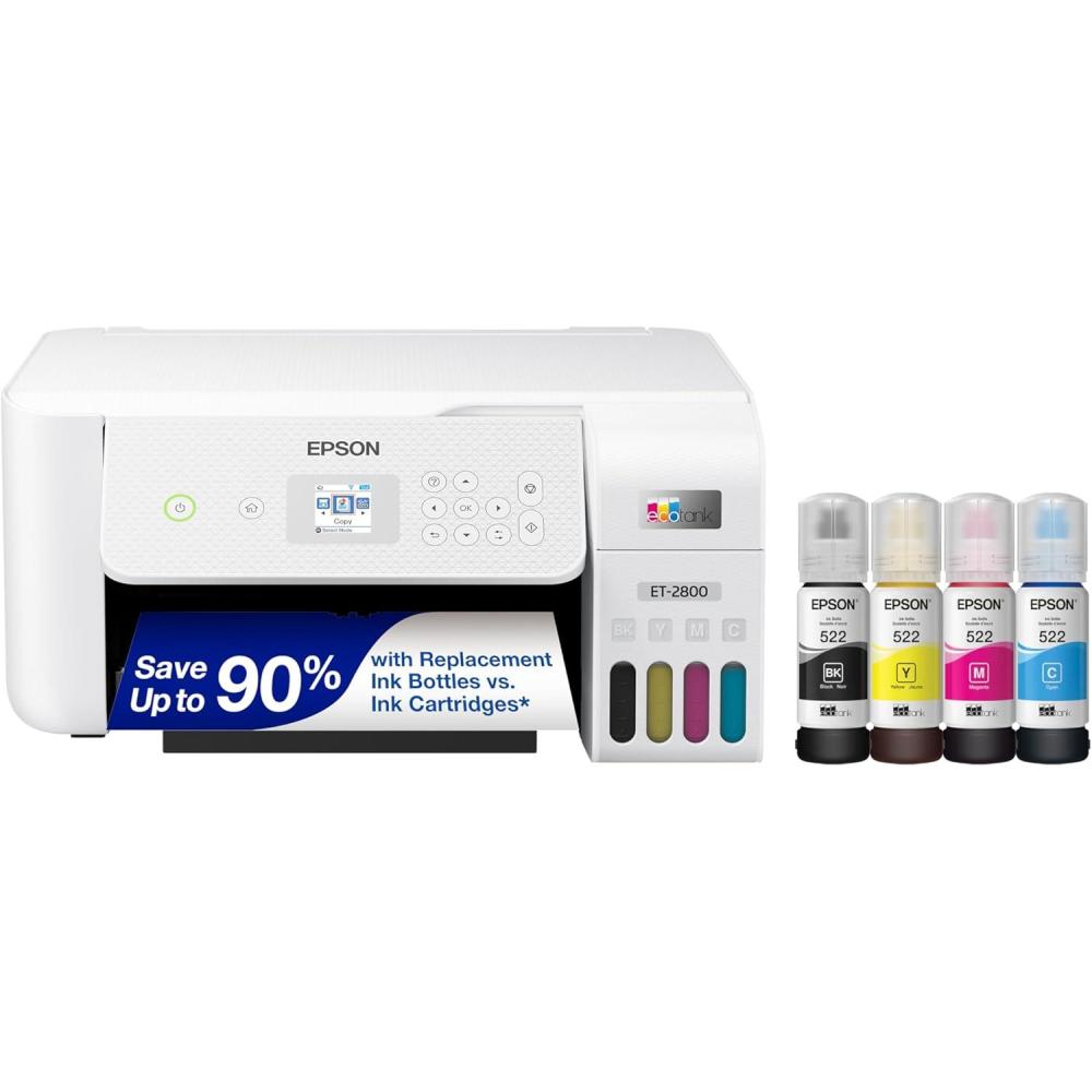 imageEpson EcoTank ET2800 Wireless Color AllinOne CartridgeFree Supertank Printer with Scan and Copy  The Ideal Basic Home Printer  White MediumWhite