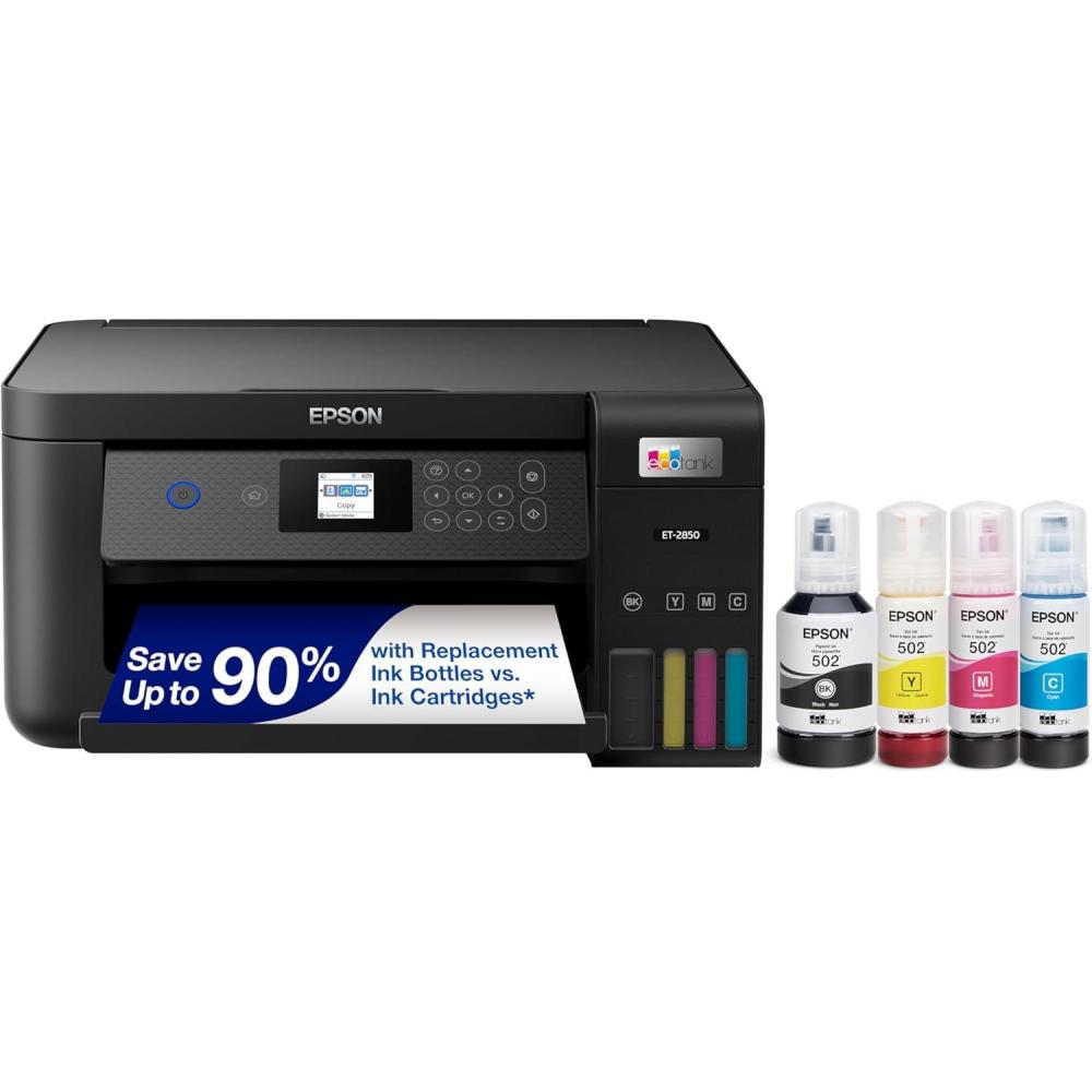 imageEpson EcoTank ET2850 Wireless Color AllinOne CartridgeFree Supertank Printer with Scan Copy and Auto 2Sided Printing  Black MediumBlack