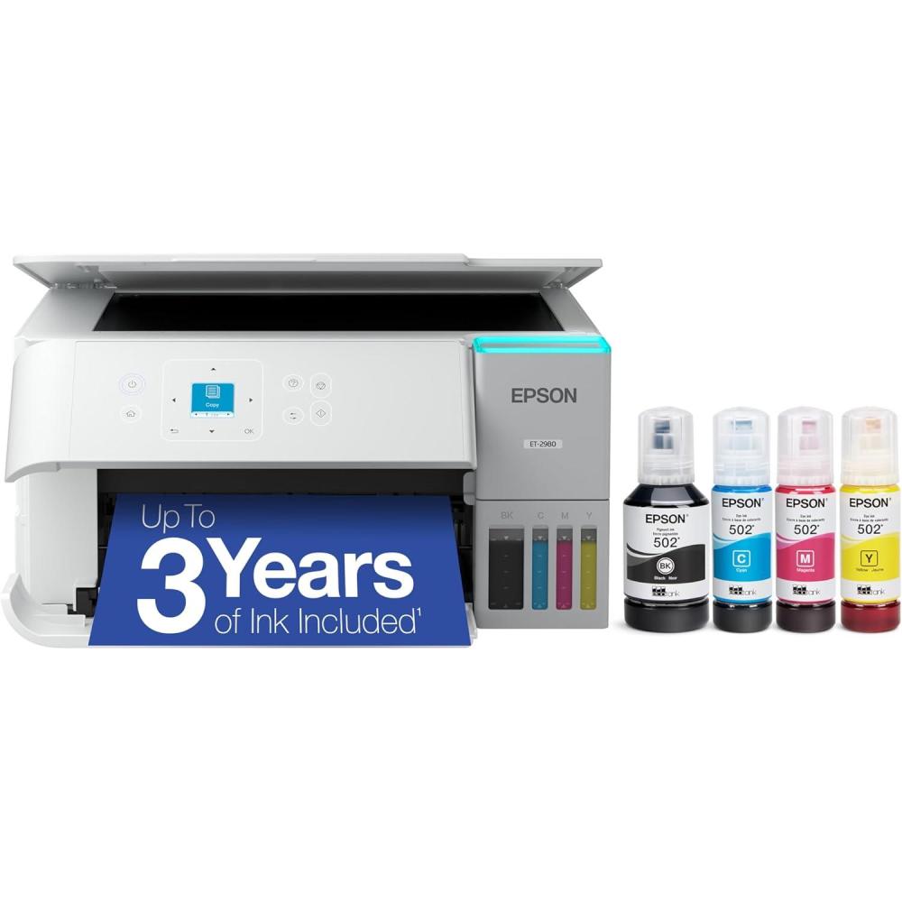 imageEpson EcoTank ET2980 Wireless AllinOne Color Supertank Printer with up to 3 Years of Ink Refillable Tanks Perfect for Home 15 PPM 144quot Color Screen Auto 2Sided Printing WhiteWhite