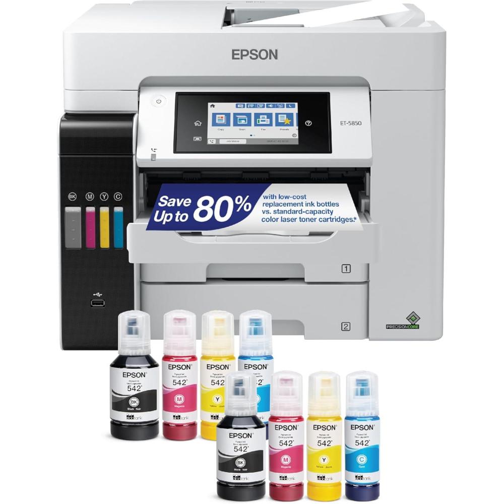 imageEpson EcoTank Pro ET5800 Wireless Color AllinOne Supertank Printer with Scanner Copier Fax and Ethernet WhiteET5850 Renewed