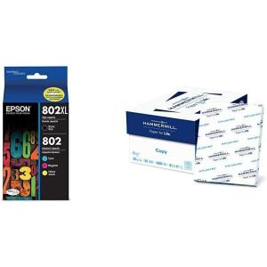 Epson T802XL-BCS DURABrite Ultra Black High Capacity and Color Combo Pack Standard Capacity Cartridge Ink & Hammermill Paper, 8.5 x 11 Paper, 92 Bright, 8 Ream Case / 4,000 Sheets Acid Free Paper