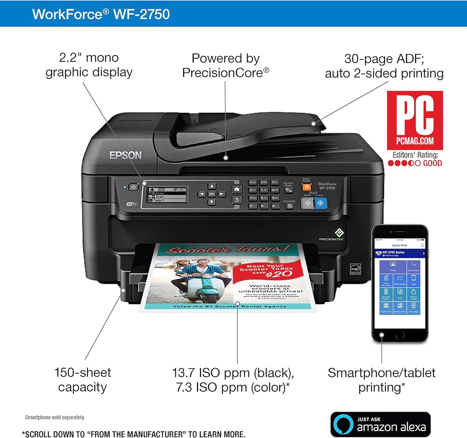 imageEpson WF2750 AllinOne Wireless Color Printer with Scanner Copier ampamp Fax Amazon Dash Replenishment ReadyWF2750