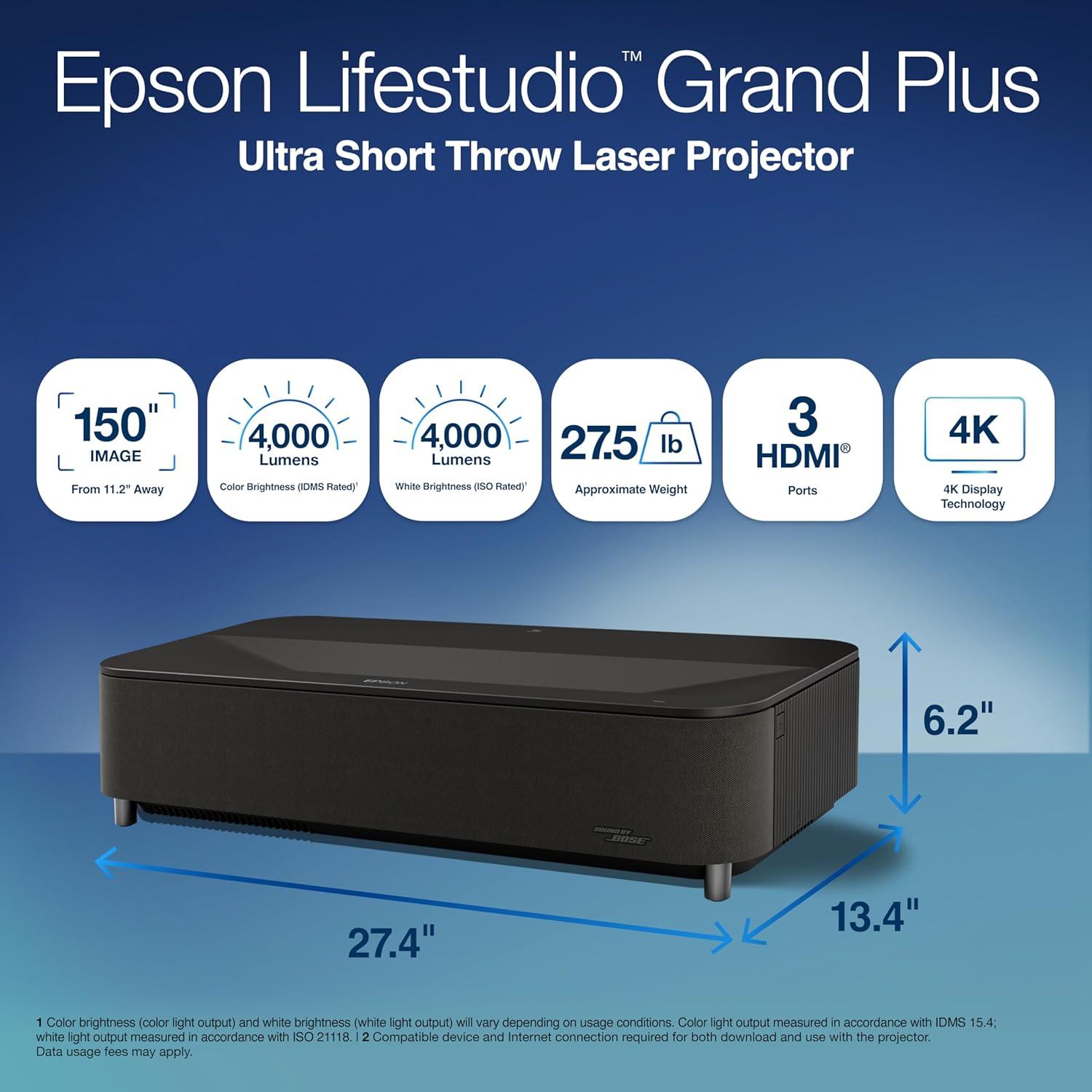 imageEpson Lifestudio Grand Plus Ultra Short Throw Laser Projector 4000 Lumens of Color and White Brightness 4K Display Technology Sound by Bose and BuiltIn Google TV 3Chip 3LCD Technology WhiteBlack