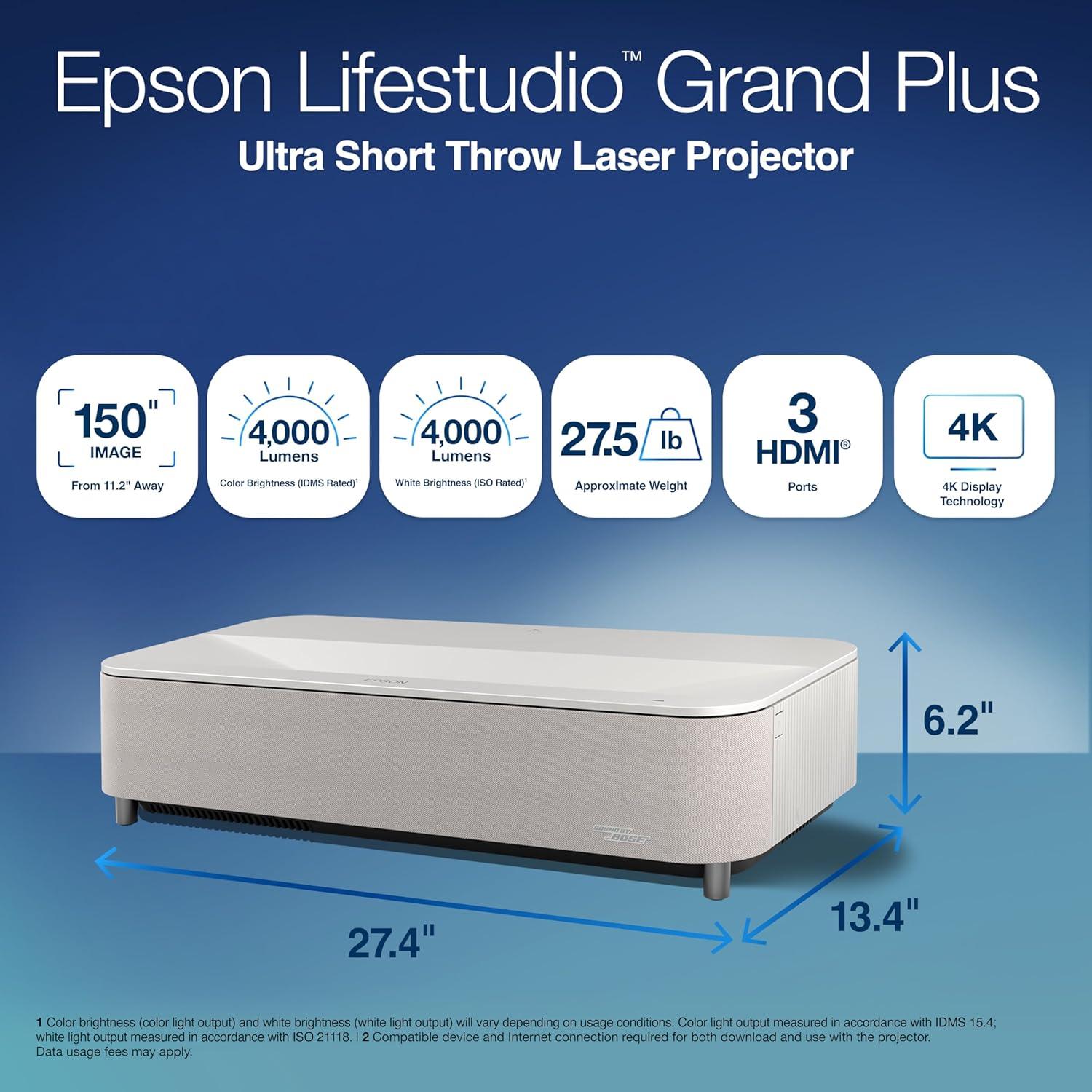 imageEpson Lifestudio Grand Plus Ultra Short Throw Laser Projector 4000 Lumens of Color and White Brightness 4K Display Technology Sound by Bose and BuiltIn Google TV 3Chip 3LCD Technology WhiteWhite